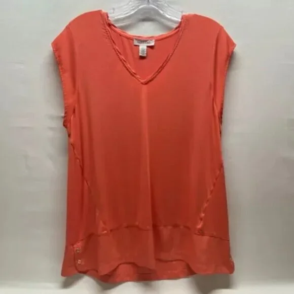 Calvin Klein Women's V-Neck Top Large Orange Multi Layer Fabric Tunic Shirt NWOT - Picture 2 of 12